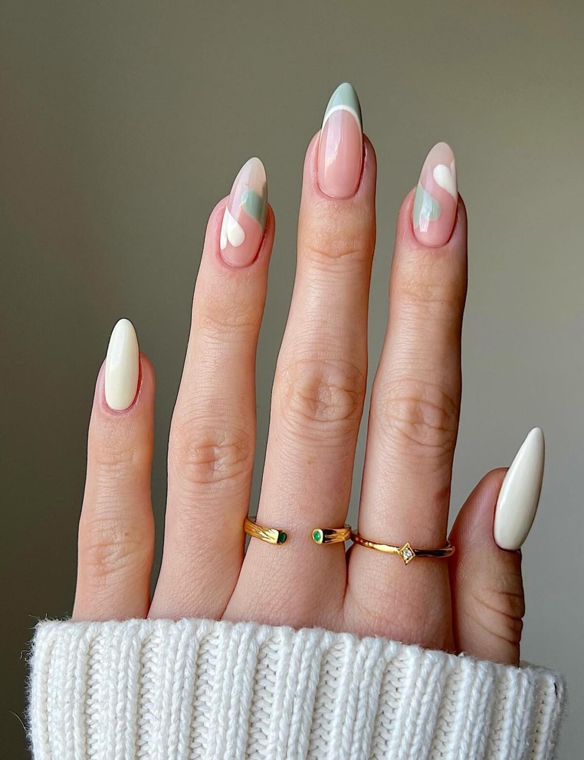 White and sage green nails with hearts