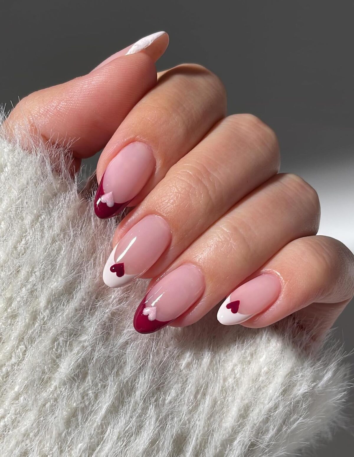 Cute white and burgundy French tip nails with hearts