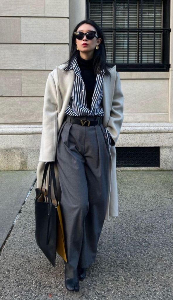 striped shirt, office outfit for winter