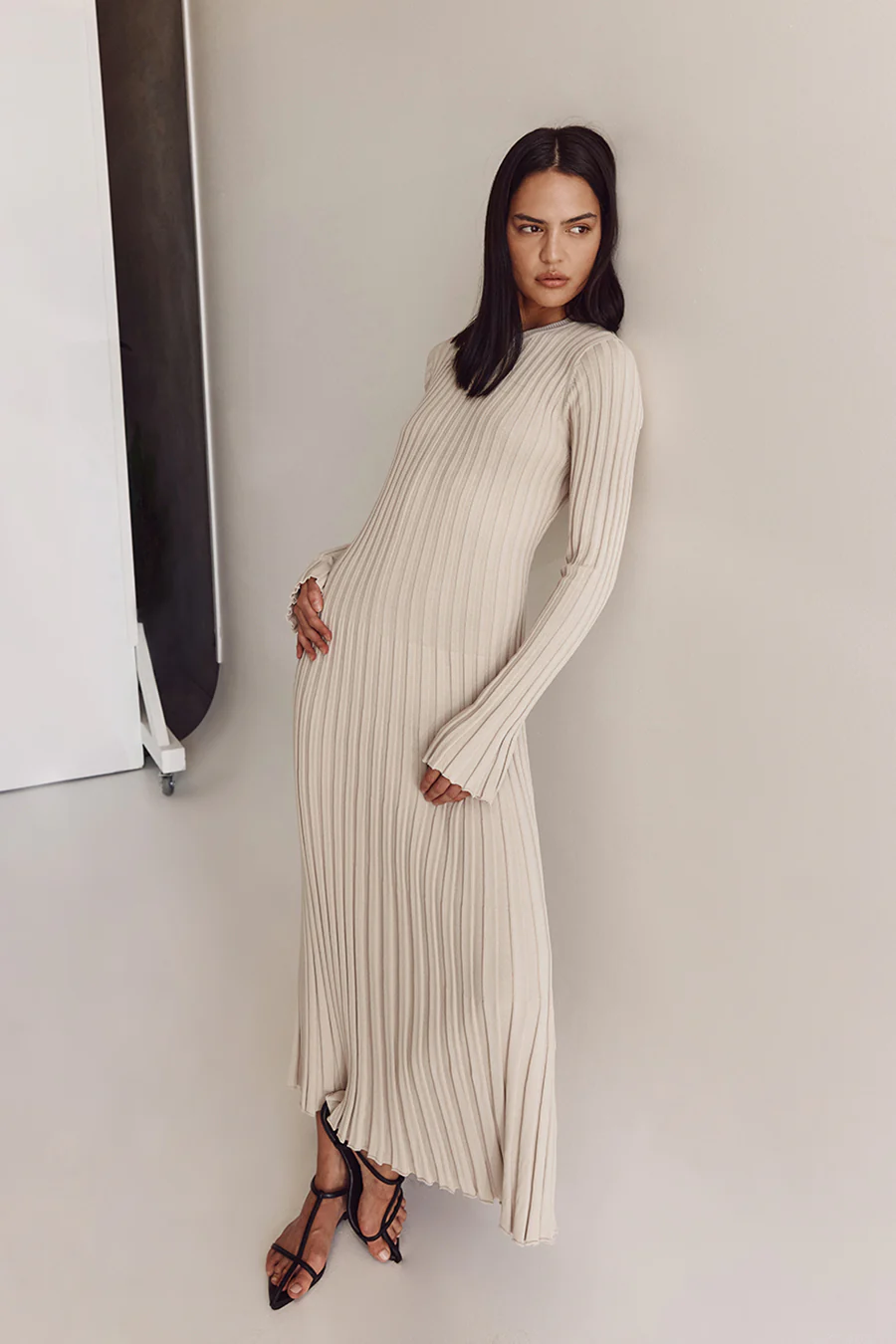 Stone Ribbed Midi Sweater Dress .