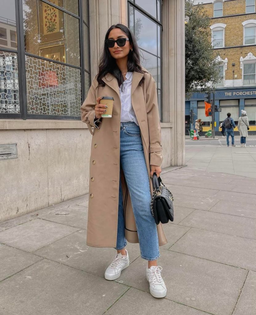 minimal fall outfit, trench coat, blue jeans