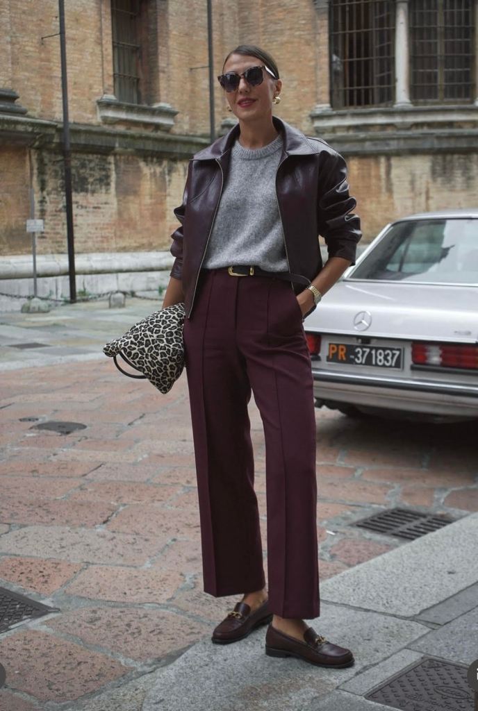 burgundy and grey outfit, quiet luxury