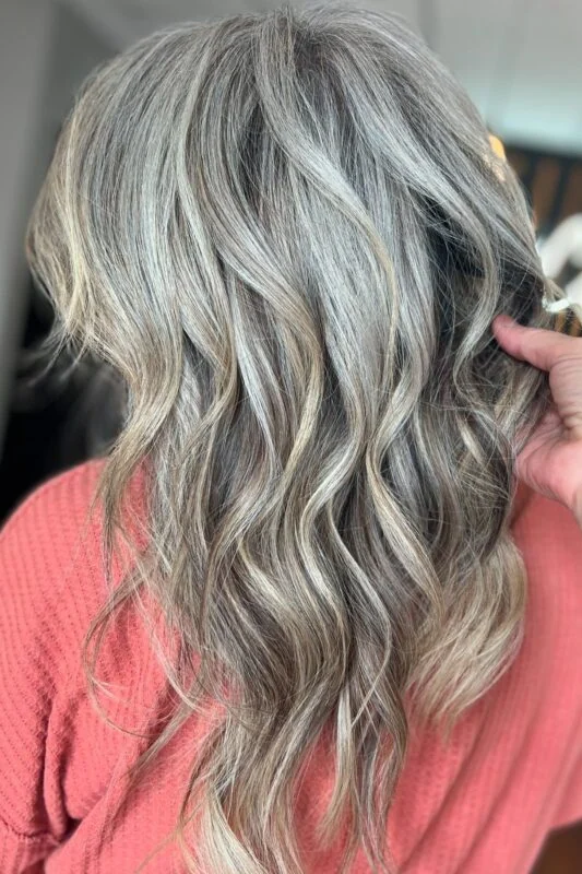 Silver and blonde highlights blending gray in dark hair.