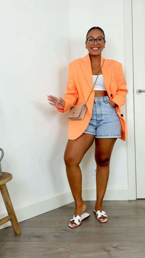 orange blazer with denim shorts outfit