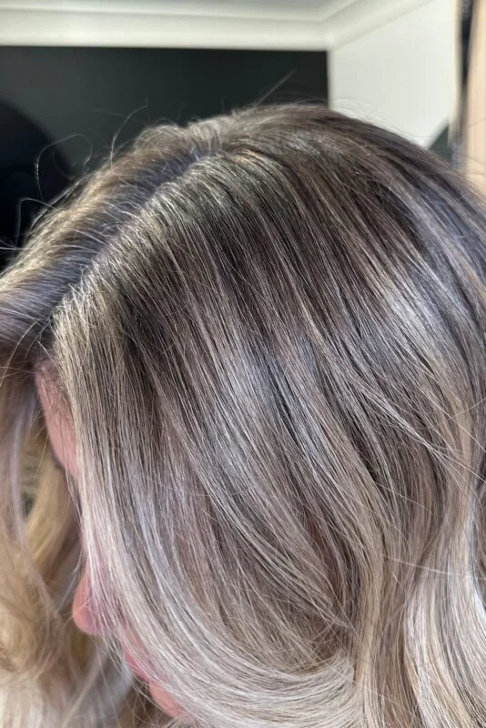 Subtle blonde highlights softly covering gray in dark hair.