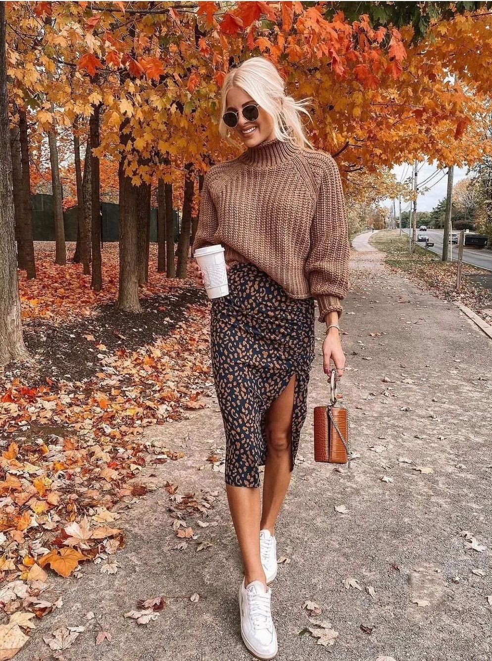 Cute Thanksgiving outfit with midi skirt and chunky sweater