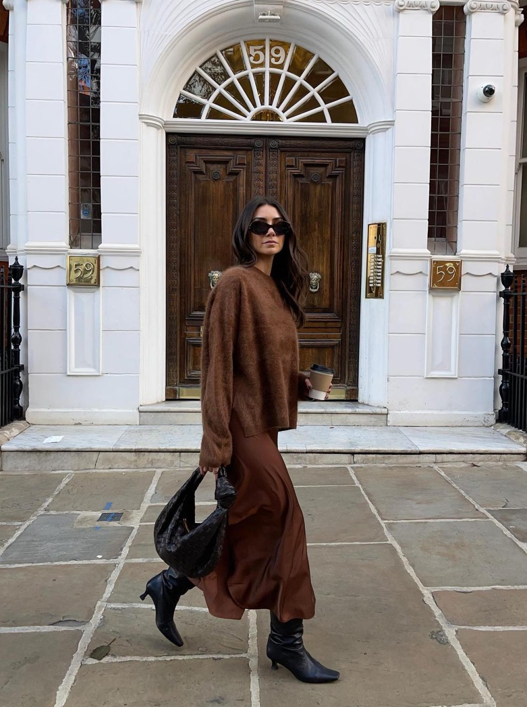 Chocolate brown Thanksgiving outfit with satin skirt