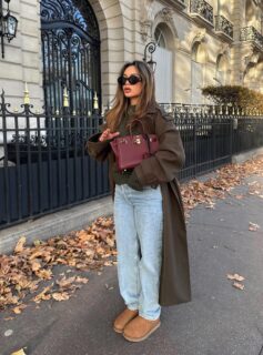 Chic winter outfit with olive green coat jeans and Ugg mini boots