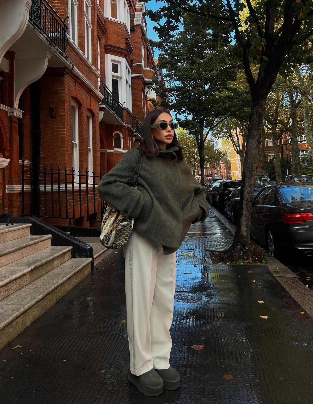 Tonal olive green outfit with Ugg slippers