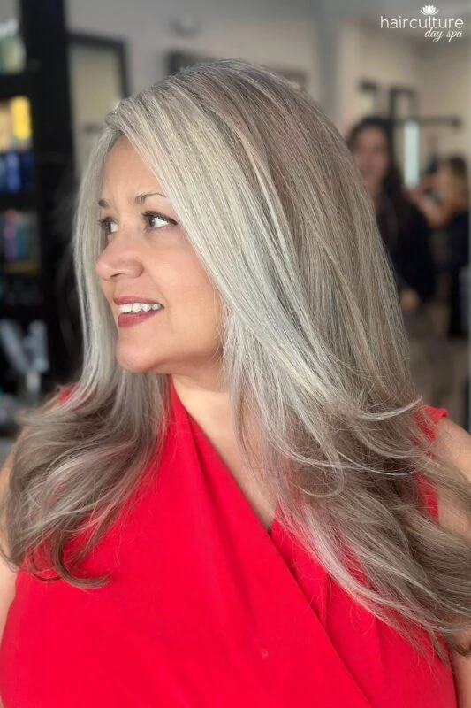 White blonde highlights blending gray beautifully for brunettes.