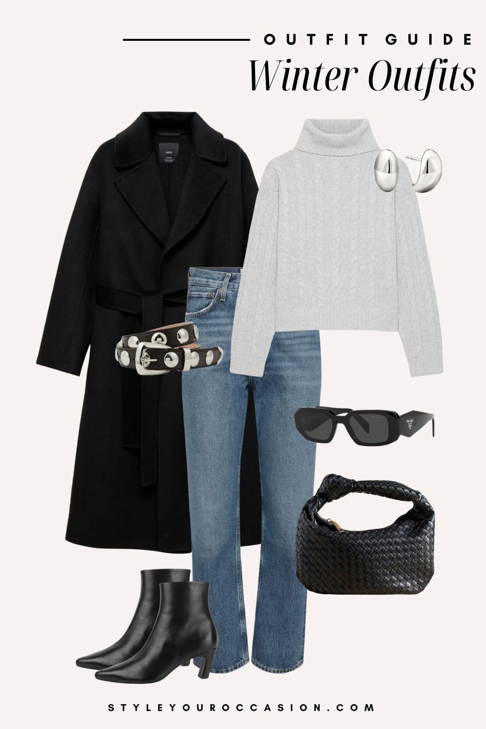 Flat lay outfit graphic of jeans, booties, a gray sweater and a long black coat.