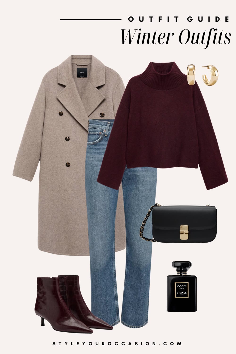 Flat lay outfit graphic of jeans, booties and a wine colored sweater with a long coat.