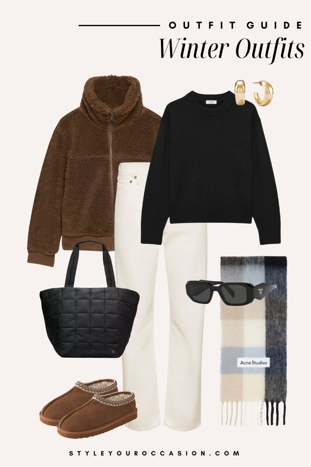 Flat lay outfit graphic of white jeans, a black sweater, sunglasses, Uggs and a brown jacket.