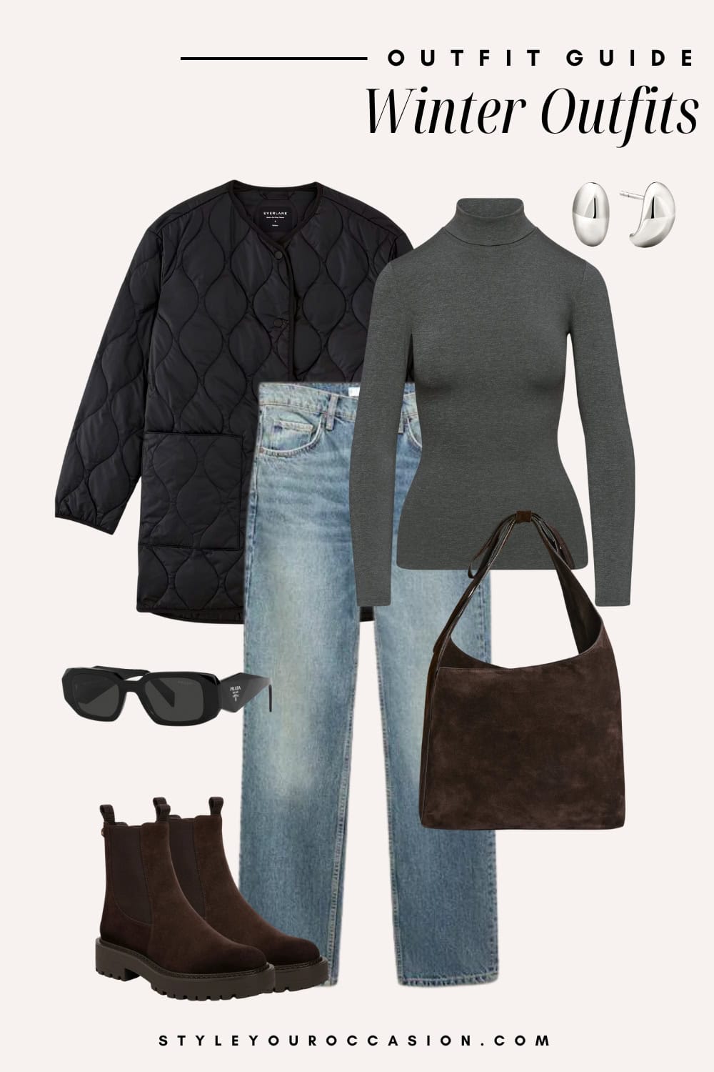 Flat lay outfit graphic of jeans, a turtleneck and a quilted coat.