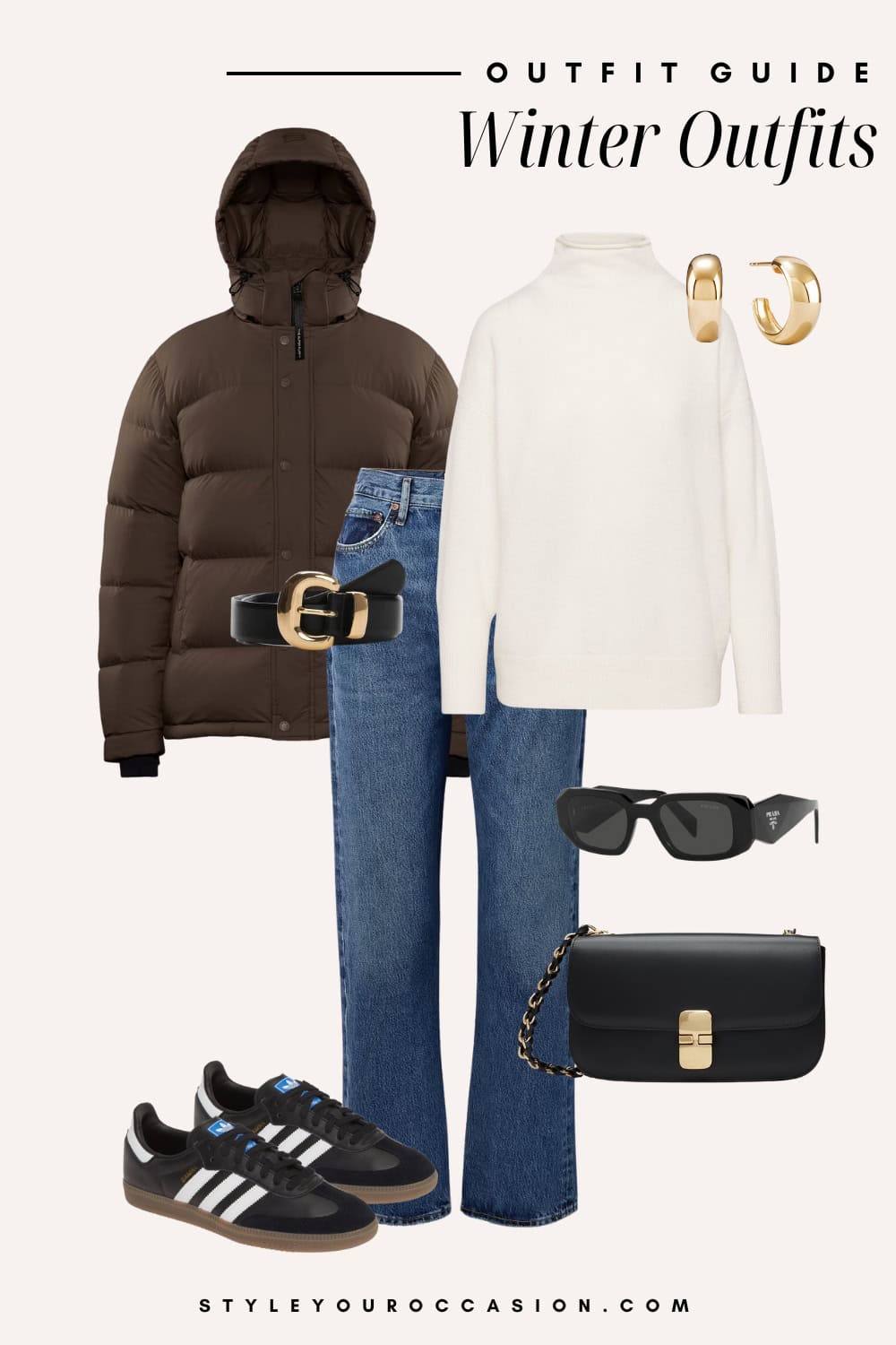 Flat lay outfit graphic of jeans, a mock neck seater and a puffer jacket.