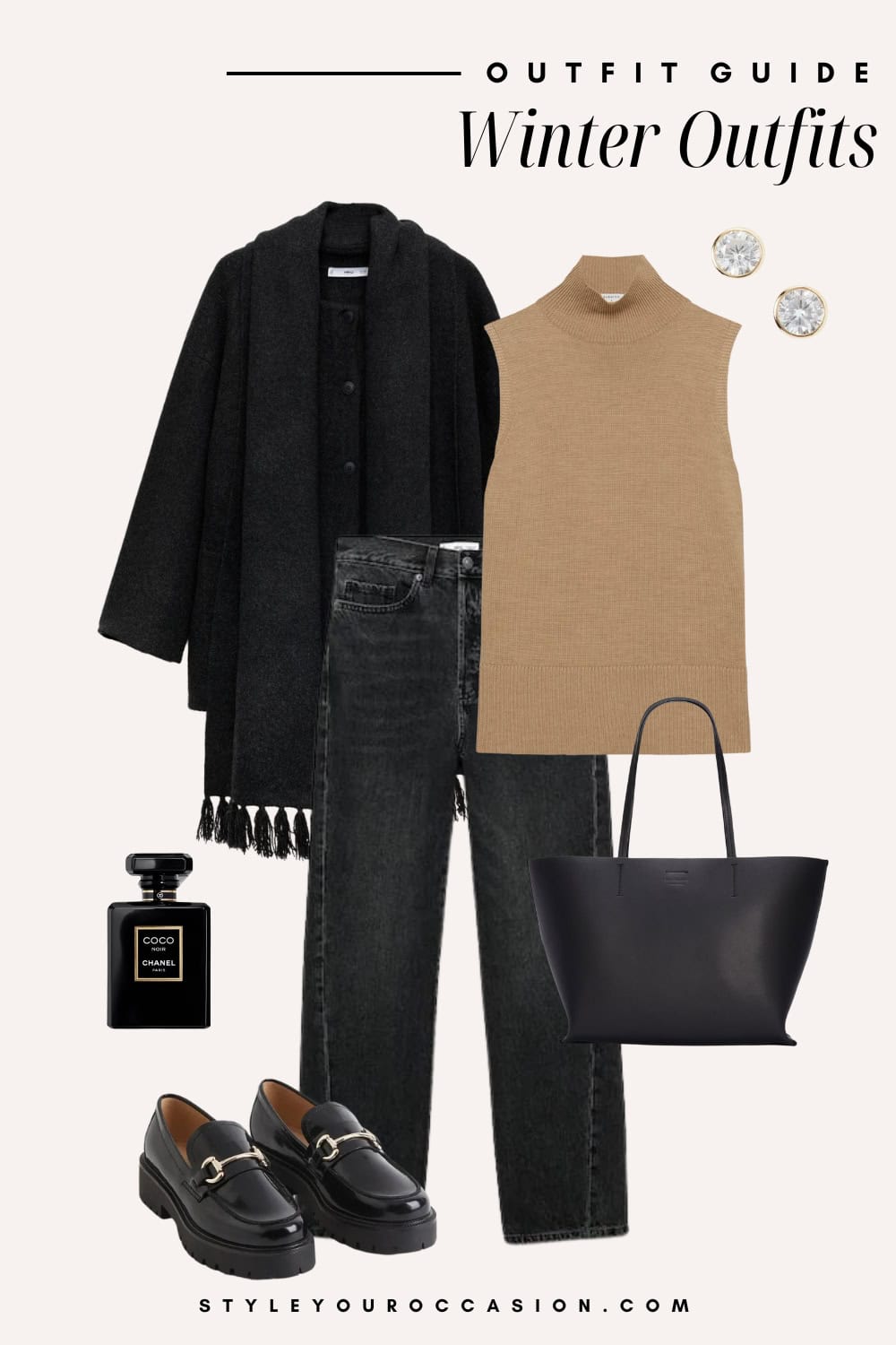 Flat lay outfit graphic of jeans, a sleeveless sweater and a black coat.