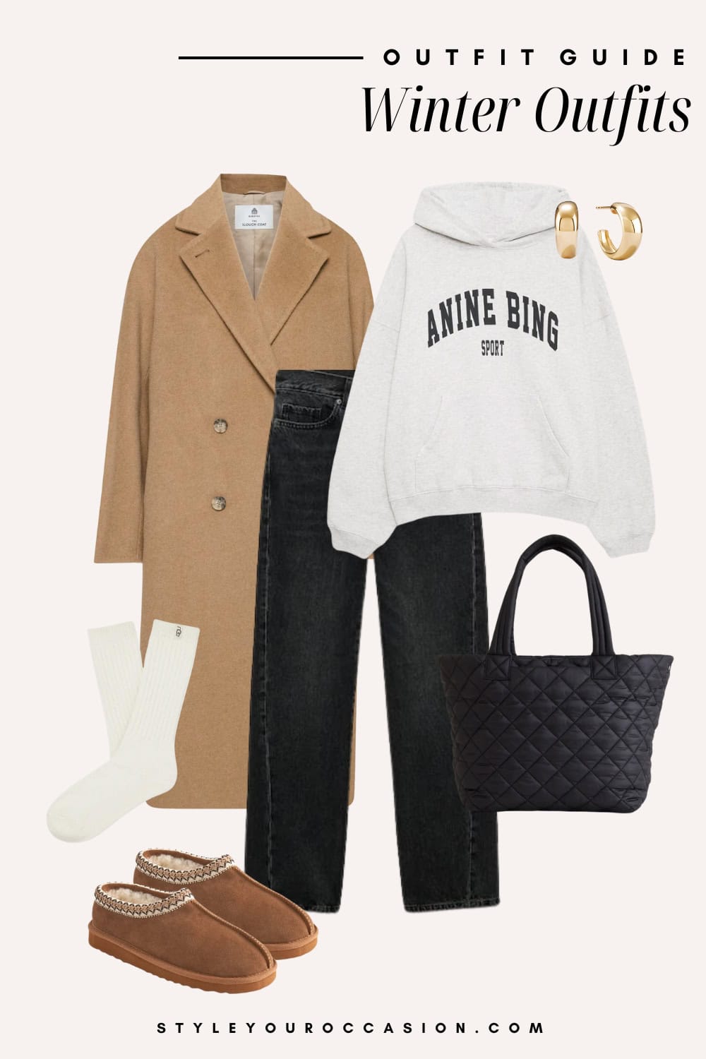 Flat lay outfit graphic of jeans, a hoodie, Uggs and a long coat.