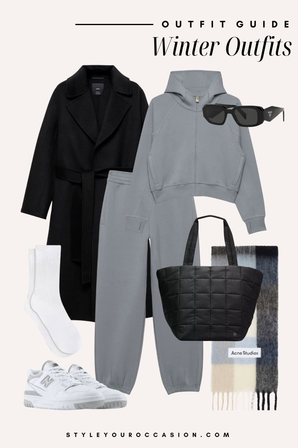 Flat lay outfit graphic of a matching sweat set and sneakers.