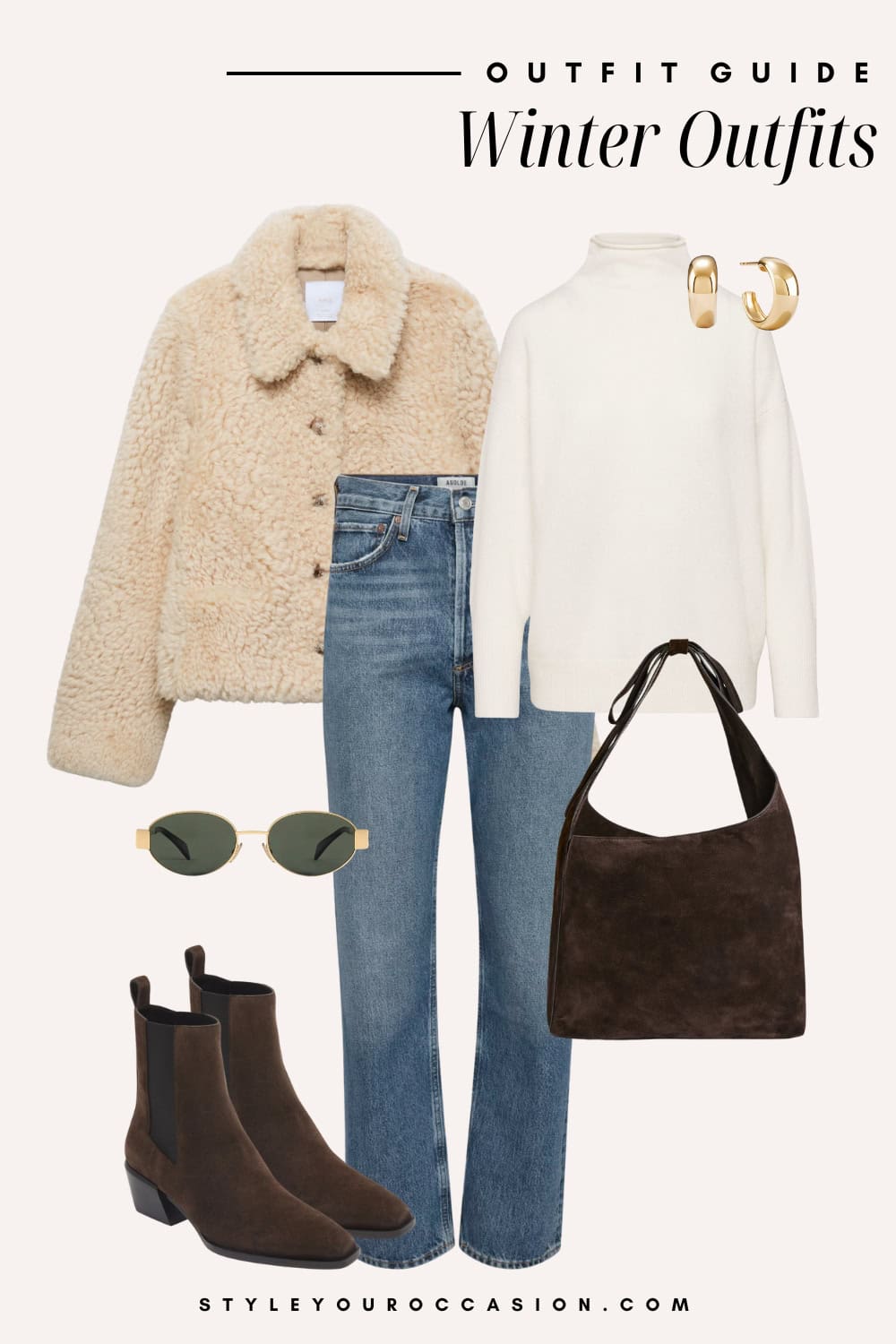 Flat lay outfit graphic of jeans, a mock neck sweater and a sherpa jacket.