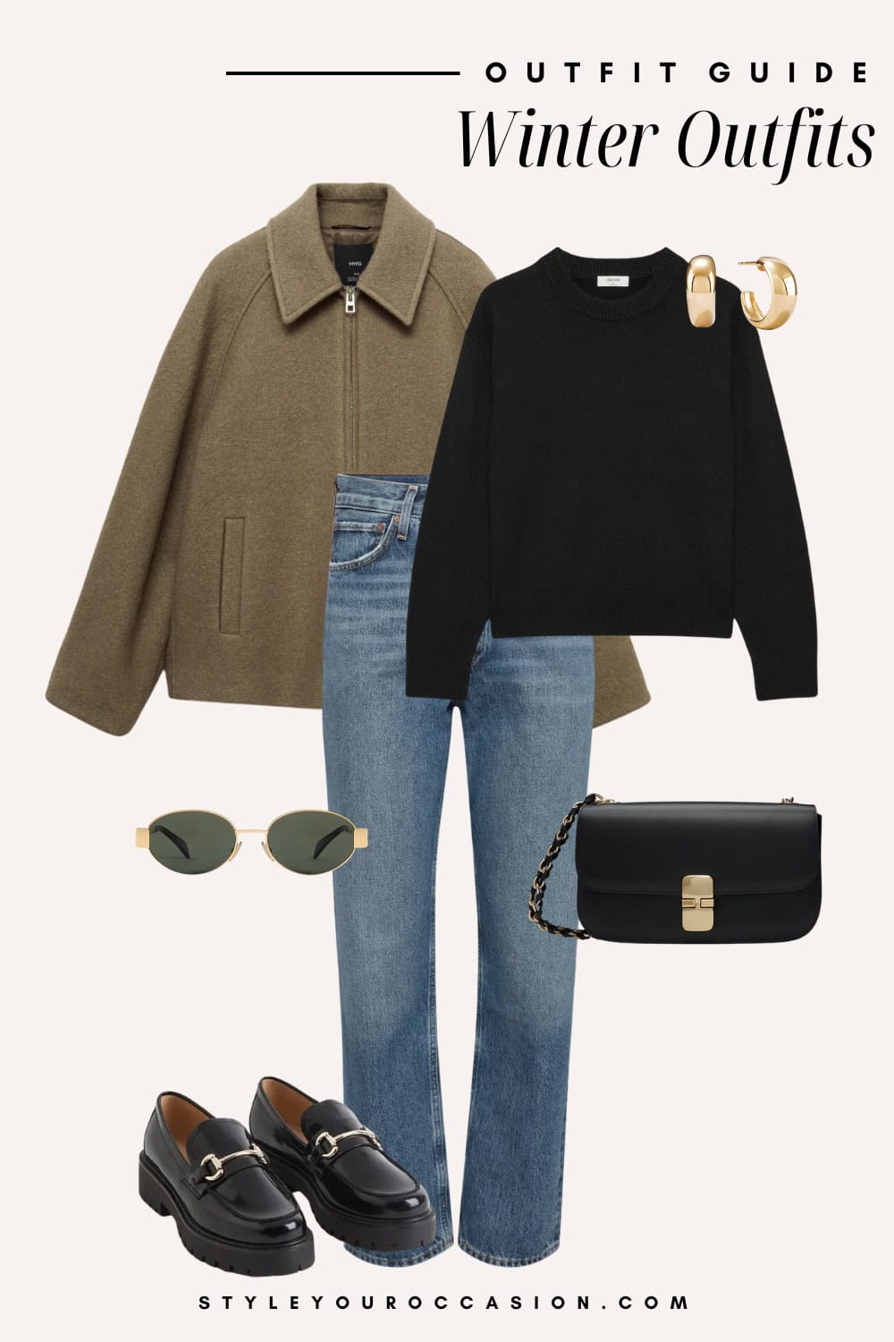 Flat lay outfit graphic of jeans, a black sweater and a brown jacket.