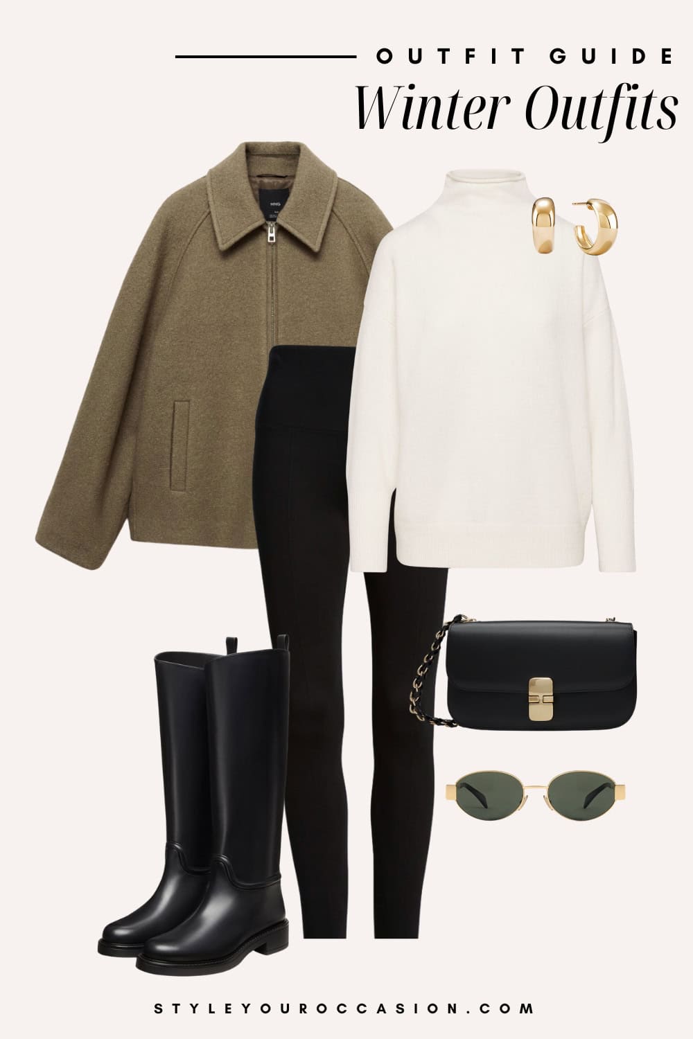 Flat lay outfit graphic of leggings, a mock neck sweater, boots and a jacket.